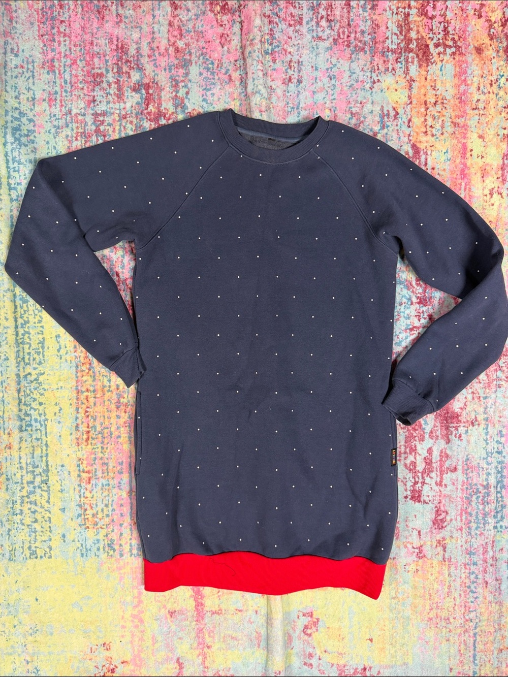 🇺🇸Lazy Oaf Navy Crewneck Dress with White Dot Print and Red Hem